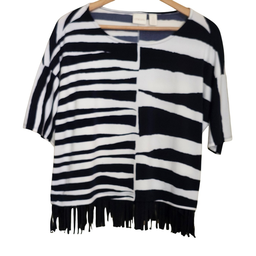 Chico's Zebra Striped Fringe Top Women Size 0 Black White Short Sleeve Crew Neck